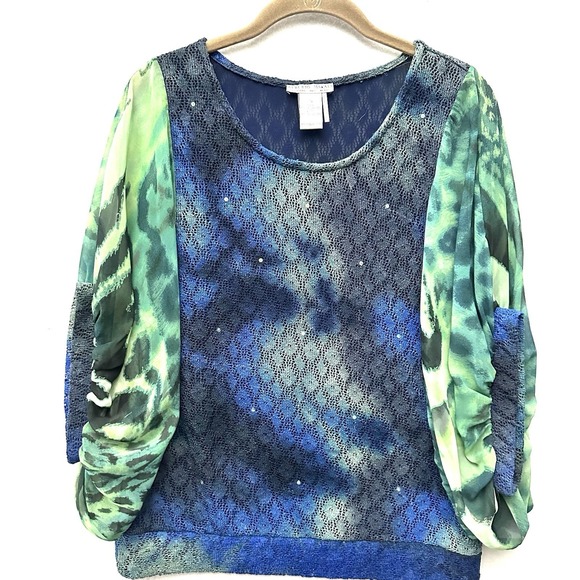 Alberto Makali Blouse Top S Small Chiffon Crochet Sequin Blue Green Art - Picture 9 of 11